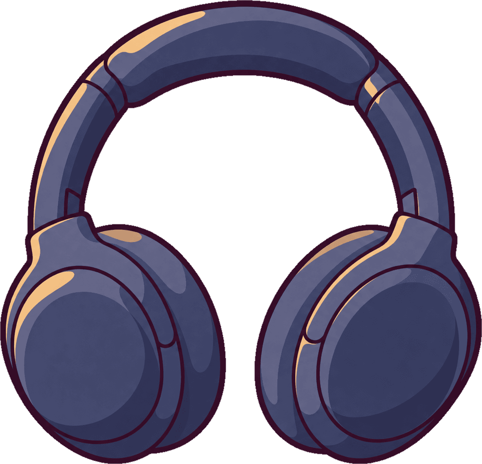 A pair of over-ear headphones on the desk.