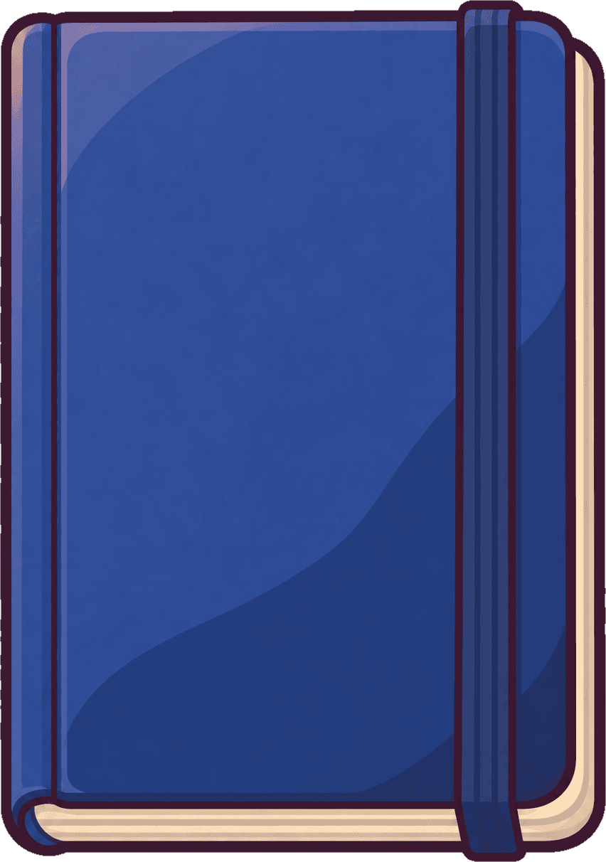 A closed notebook on the desk.
