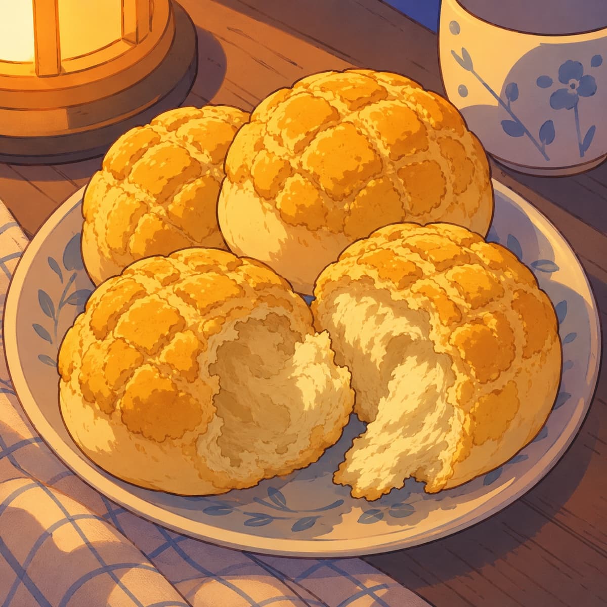 An illustrated plate of pineapple buns, one torn open, in warm lamp light.