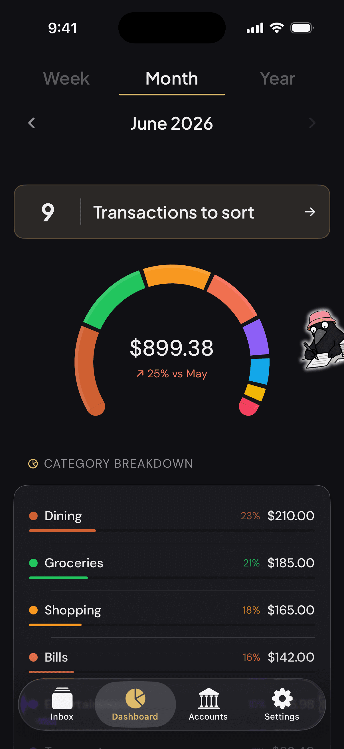 The Taffy iOS app showing a monthly spending dashboard.